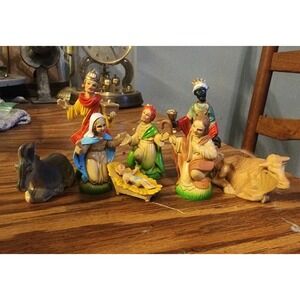 Vintage 1960's Hard Plastic 8 Piece Nativity Scene, Hong Kong Rare Miniature Set